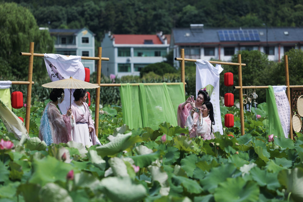 7月4日，身着传统服饰的游客在浙江诸暨的十四都村百亩荷塘拍照打卡。新华社记者徐昱 摄