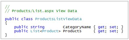 强类型的ProductsListViewData类，封装了 List.aspx 视图显示我们的产品列表所需的数据