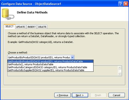配置 ObjectDataSource 使用GetProductByProductID(productID)方法