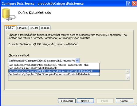 配置ObjectDataSource 使用GetProductsByCategoryID(categoryID)方法
