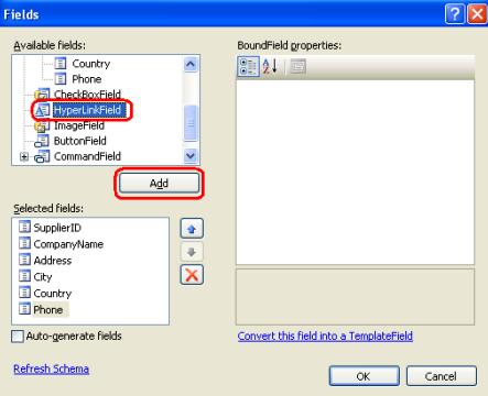 添加 HyperLinkField 到GridView