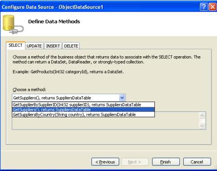 配置ObjectDataSource 使用GetSuppliers() 方法