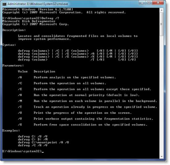 Windows 7中的磁盘碎片整理命令Defrag