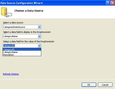 指定DropDownList 显示CategoryName列并且使用CategoryID列作为数据项的值
