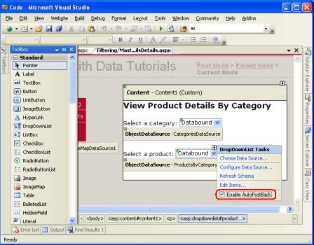 激活productsByCategory DropDownList的 AutoPostBack属性 