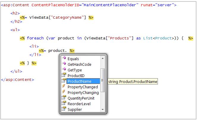 我们在 List.aspx 文件中的 prduct 变量上得到了完整的intellisense
