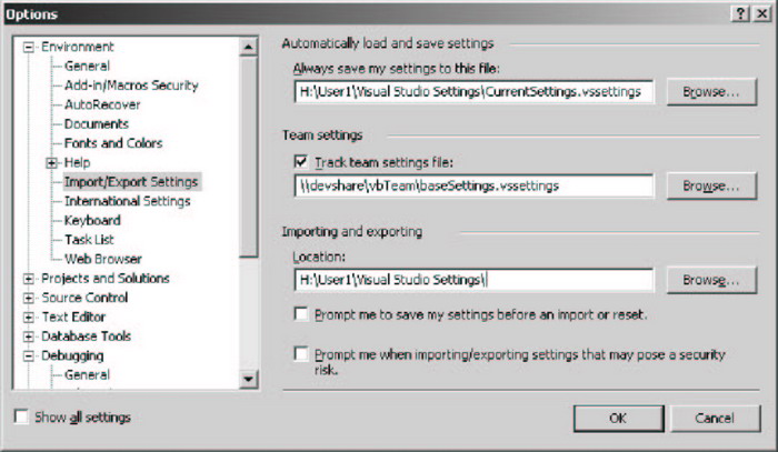 Import/Export Settings 选项