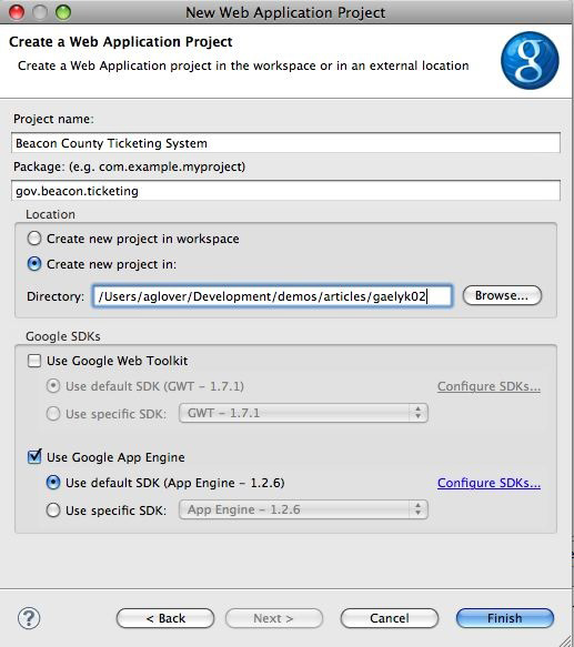 在 Eclipse 对话框中创建一个新的 Google Apps Project
