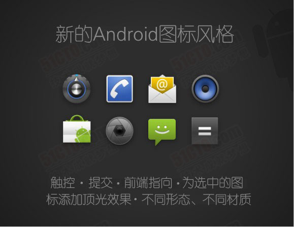 新的Android图标风格:触控  提交  前端指向  为选中的图标添加顶光效果  不同形态、不同材质