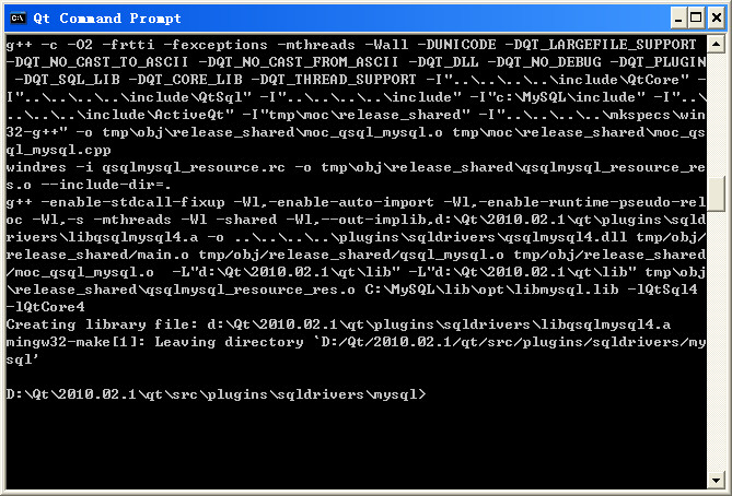 qmake “INCLUDEPATH+=C:\\MySQL\\include” “LIBS+=C:\\MySQL\\lib\\opt\\libmysql.lib” mysql.pro