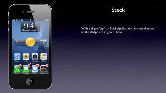 Stack,只需要在Stack Application上轻轻点击一下，你就可以访问iPhone上的所有应用程序