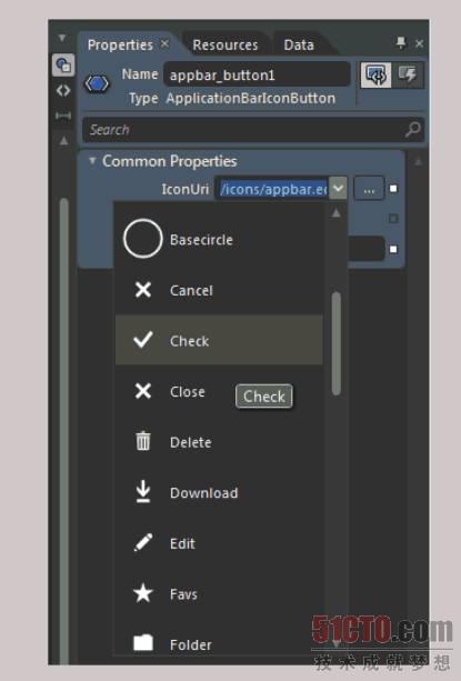 Expression Blend 4为ApplicationBarIconButton提供了一个预定义的图标下拉列表