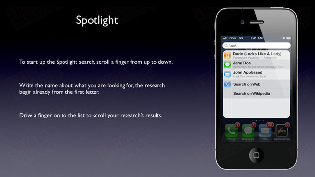 Spotlight,如果你想启动Spotlight搜索，请从上往下拉顶部工具栏,输入你想查找的名字，其实从你输入***个字母起它就开始在搜索了,你可以滚动搜索结果