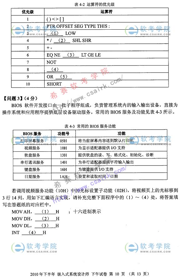 2010年下半年软考嵌入式系统分析师