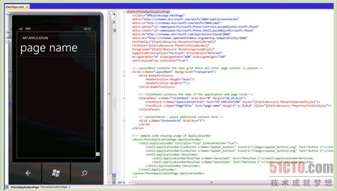 Visual Studio 2010中MainPage.xaml预览视图，右侧为XAML代码