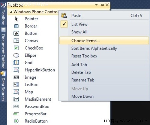 从列表中选择“Choose Items…”