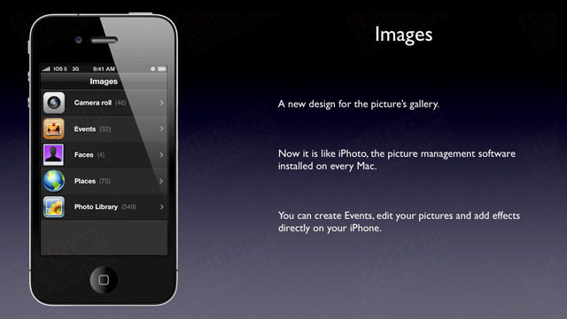 图像,重新设计的图库,现在它像Mac上的iPhoto,你可以创建事件，直接编辑你iPhone上的的图片和添加效果