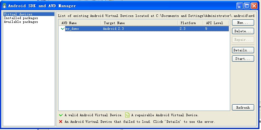 Windows>Android SDK and AVD Manager