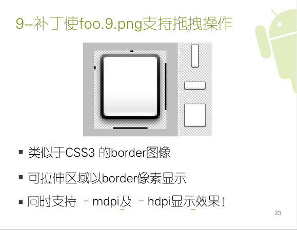  9-补丁使foo.9.png支持拖拽操作：类似于CSS3 的border图像、可拉伸区域以border像素显示、同时支持 –mdpi及 –hdpi显示效果！