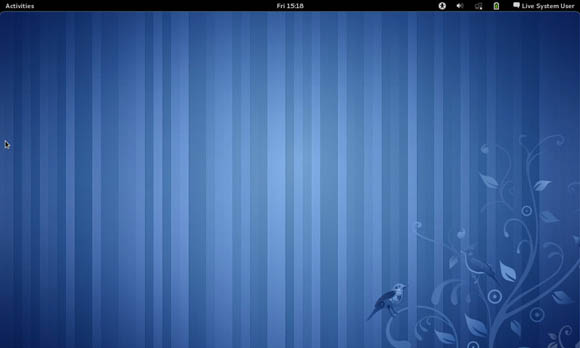 Fedora 15的默认桌面：既有如同GNOME 3的条纹外观，又有如同Fedora的小鸟主题