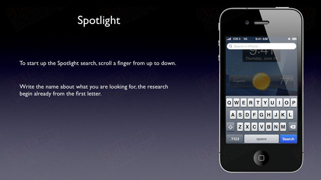 Spotlight,如果你想启动Spotlight搜索，请从上往下拉顶部工具栏,输入你想查找的名字，其实从你输入***个字母起它就开始在搜索了