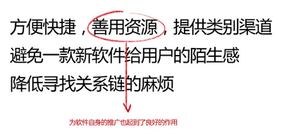方便快捷，善用资源，提供类别渠道避免一款新软件给用户的陌生感，降低寻找关系链的麻烦
