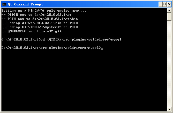 qmake “INCLUDEPATH+=C:\\MySQL\\include” “LIBS+=C:\\MySQL\\lib\\opt\\libmysql.lib” mysql.pro