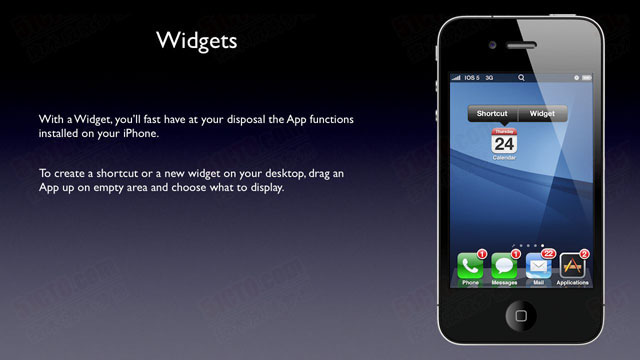 通过Widgets，你可以快速使用安装在iPhone中的应用程序，如果你想在桌面上创建一个快捷方式或一个新的Widgets，只需拖动应用程序到空白区域，然后指定要显示的内容