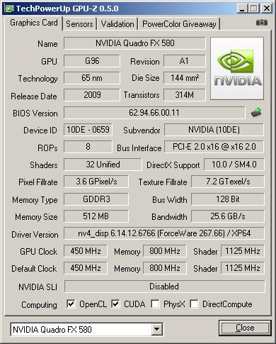 Quadro FX580显卡测试信息 