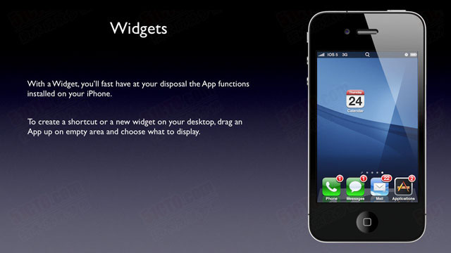 通过Widgets，你可以快速使用安装在iPhone中的应用程序，如果你想在桌面上创建一个快捷方式或一个新的Widgets，只需拖动应用程序到空白区域，然后指定要显示的内容