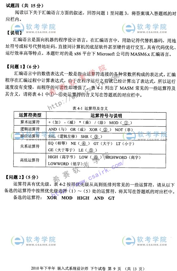 2010年下半年软考嵌入式系统分析师