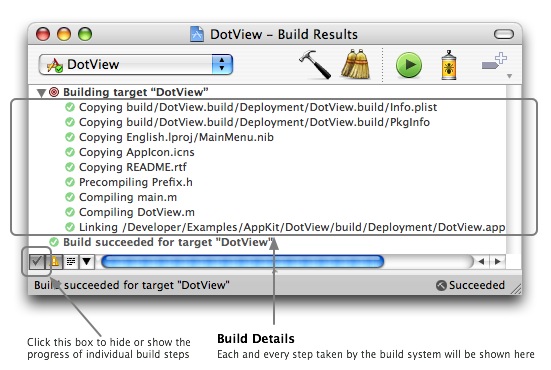 The step-by-step progress of a target's build in the Build Results window.