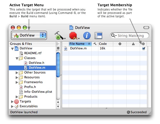 The Xcode interface lets you quickly adjust a source file reference's association with a target.