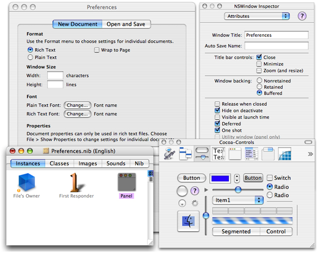 TextEdit’s Preferences window in Interface Builder