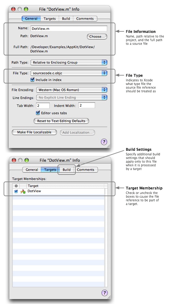 The Info window for a file reference allows you to set what targets a file is part of as well as any additional build settings.