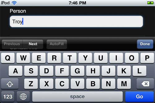 Adding a new opportunity 对话框的屏幕截图，其中包含 Person 字段、活动 Next 按钮和 qwerty 键盘