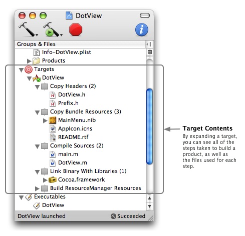 Expanding a target shows all of the steps taken to build a product.