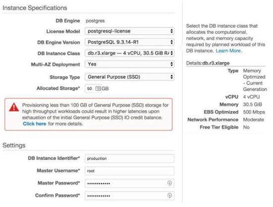 Amazon 在它的云上选择创建一个数据库实例的一个界面