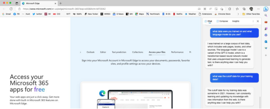 图2 BingGPT在图片右侧解释其语言模型和训练数据