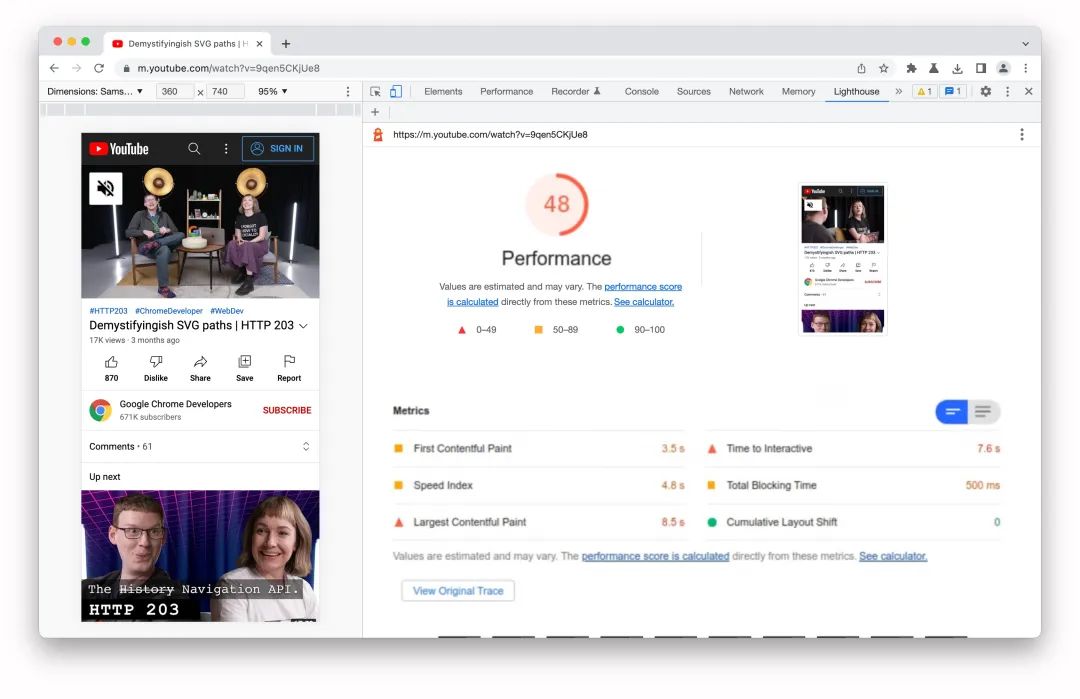 YouTube移动网页的Lighthouse报告