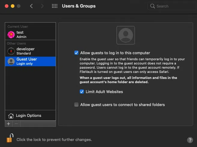 图 3. 在 macOS 中管理来宾用户帐户