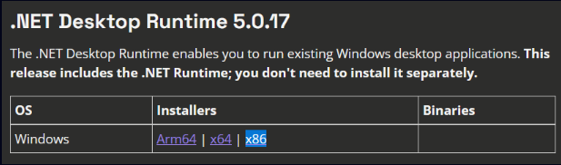 需要安装的dotnet运行时版本(Microsoft)
