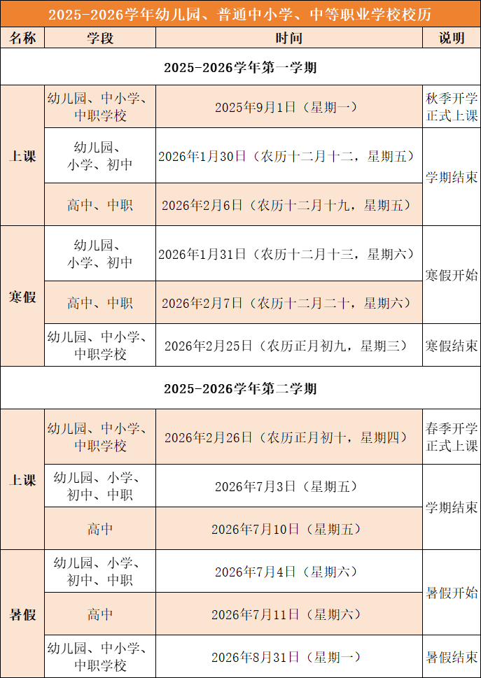 2025-2026学年幼儿园、普通中小学、中等职业学校校历公布