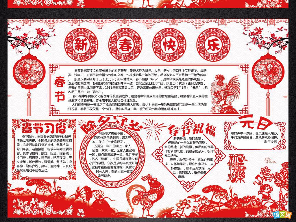 最新或2023（历届）鸡年迎新春手抄报